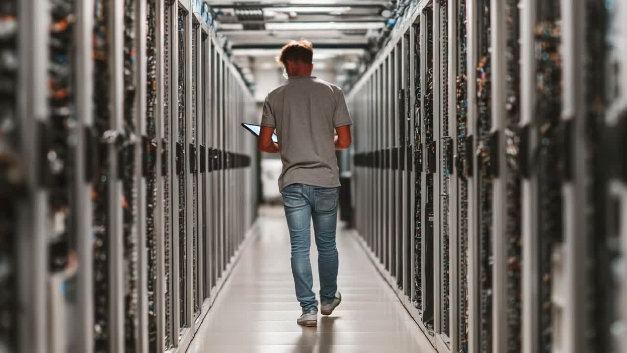 A technician navigates through a high-tech data center, carefully monitoring servers and equipment while ensuring optimal performance and connectivity in a modern computing environment
