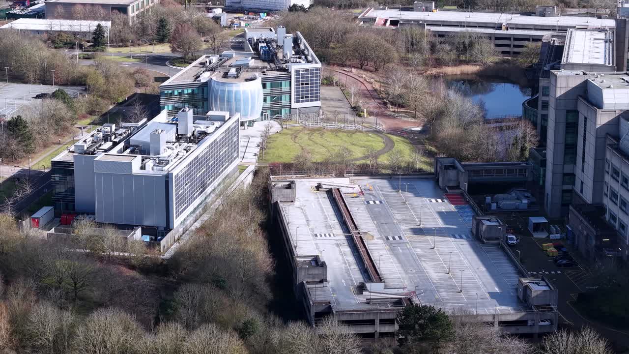 GSK aerial view across Stevenage industrial pharmaceutical facility offices in the UK