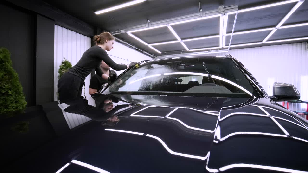 el lavador de coches profesional con guantes negros limpia el coche después de lavar y forrar la cerámica. conceptos de: trabajo profesional, varias herramientas de lavado, limpieza para brillar.