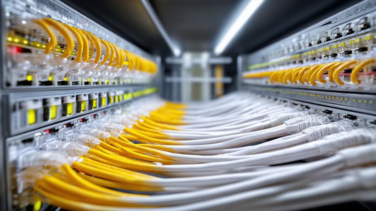 Detailed View of Network Server Room Highlighting Yellow and White Cables Connecting to Equipment in a High-Tech Data Center Environment
