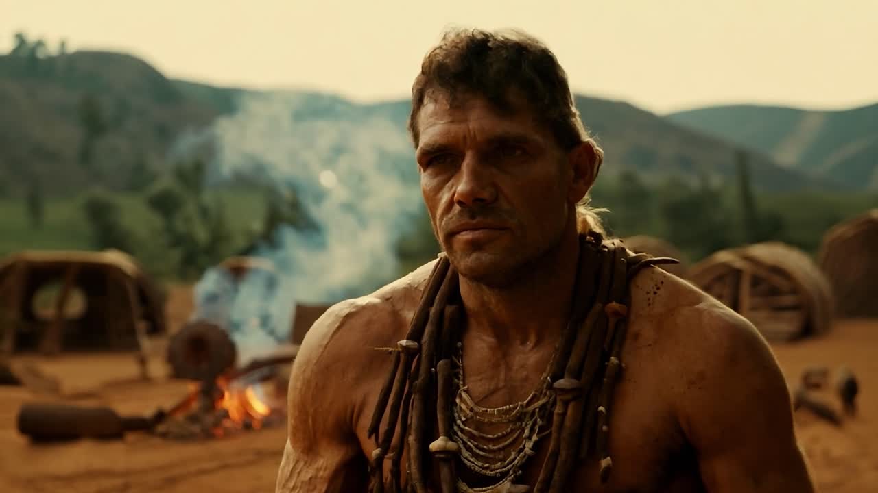 A close-up portrait of a muscular, tribal man looking seriously at the camera. He is wearing a necklace of beads and is standing in a jungle setting.