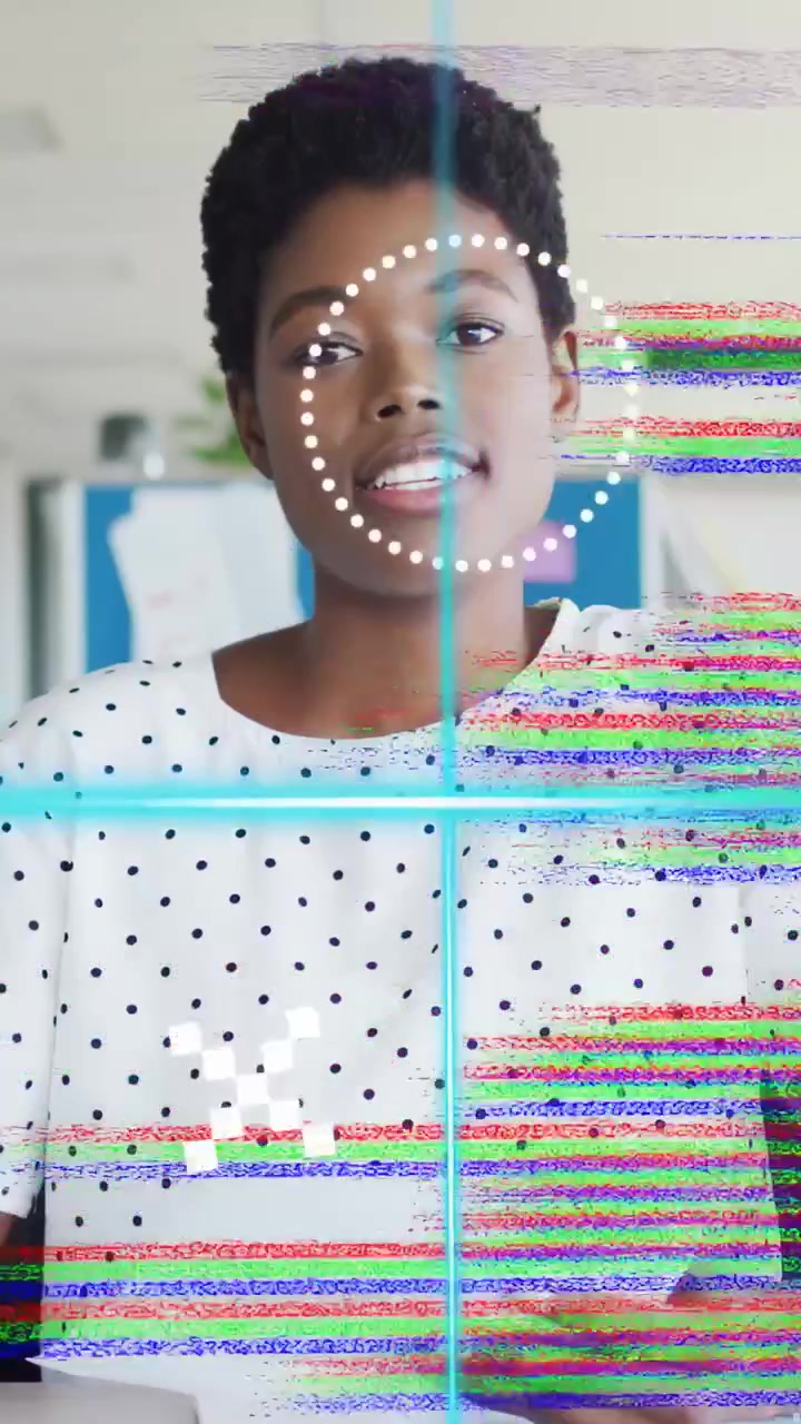 Vertical video: Woman reading paper and speaking, giving office brief as glitch layers hiding face