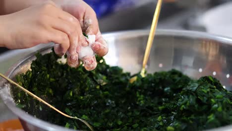 hands washing and squeezing fresh spinach leaves