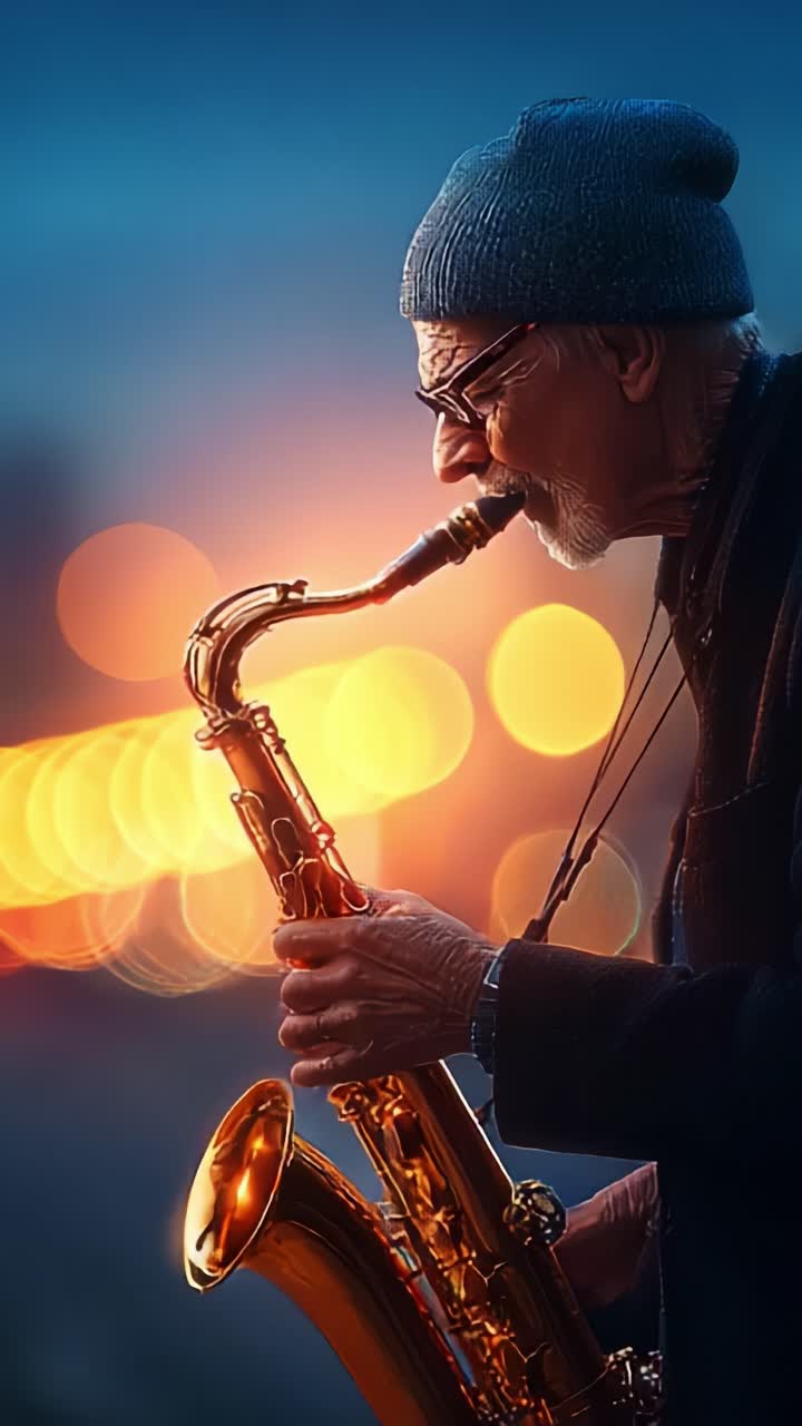 Starší hudebník ztracený v melodiích svého saxofonu vytváří procítěnou atmosféru na pozadí rozmazaných teplých světel, které zachycují podstatu hudby.