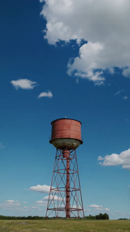 an old, rusty water tower against a blue sky