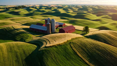 scenic farm landscape with rolling green and golden fields