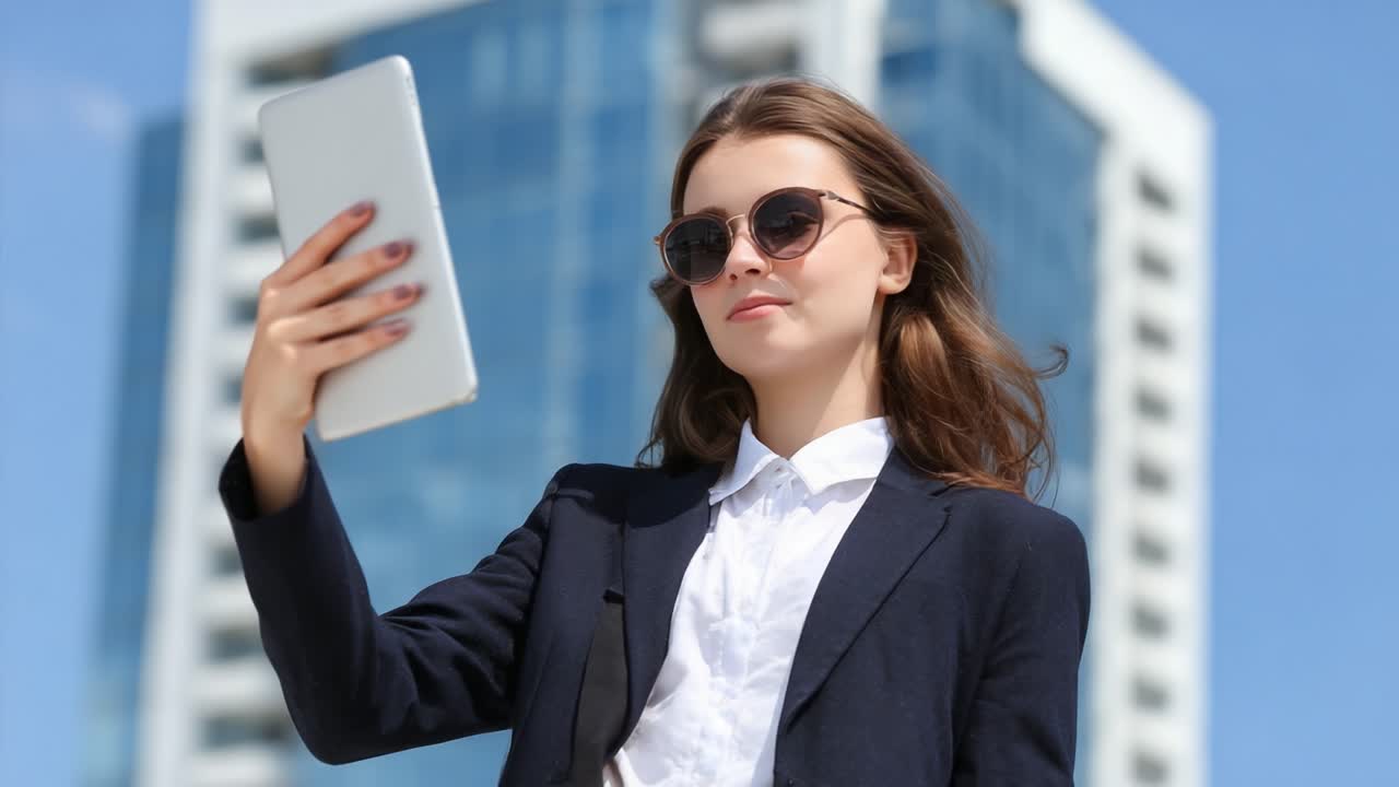 Giovane donna sicura di sé con occhiali da sole che cattura il suo riflesso con un tablet su uno sfondo urbano vivace, mettendo in mostra le tendenze moderne in fatto di stile e tecnologia
