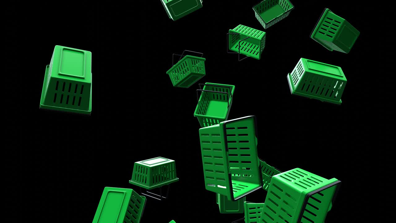 cestas de compras de plástico verdes sobre un fondo negro.