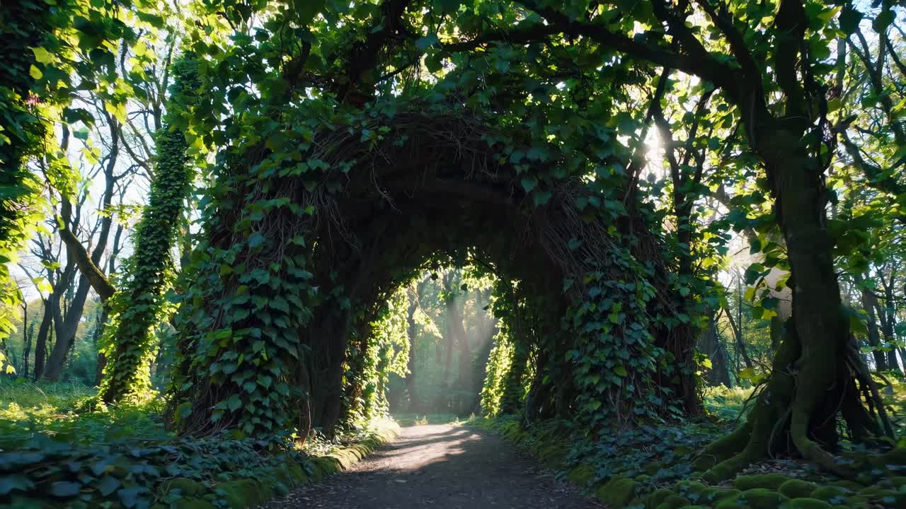 A mystical forest path with lush greenery and a natural archway, captured from a low-angle