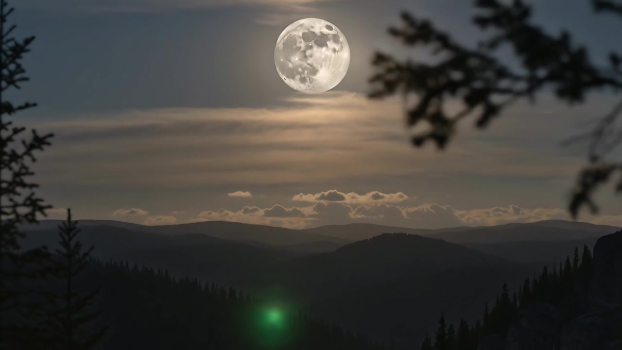Lua cheia nascente projetando brilho em um mirante de vale montanhoso, com um artefato de lente verde surgindo e depois desaparecendo.
