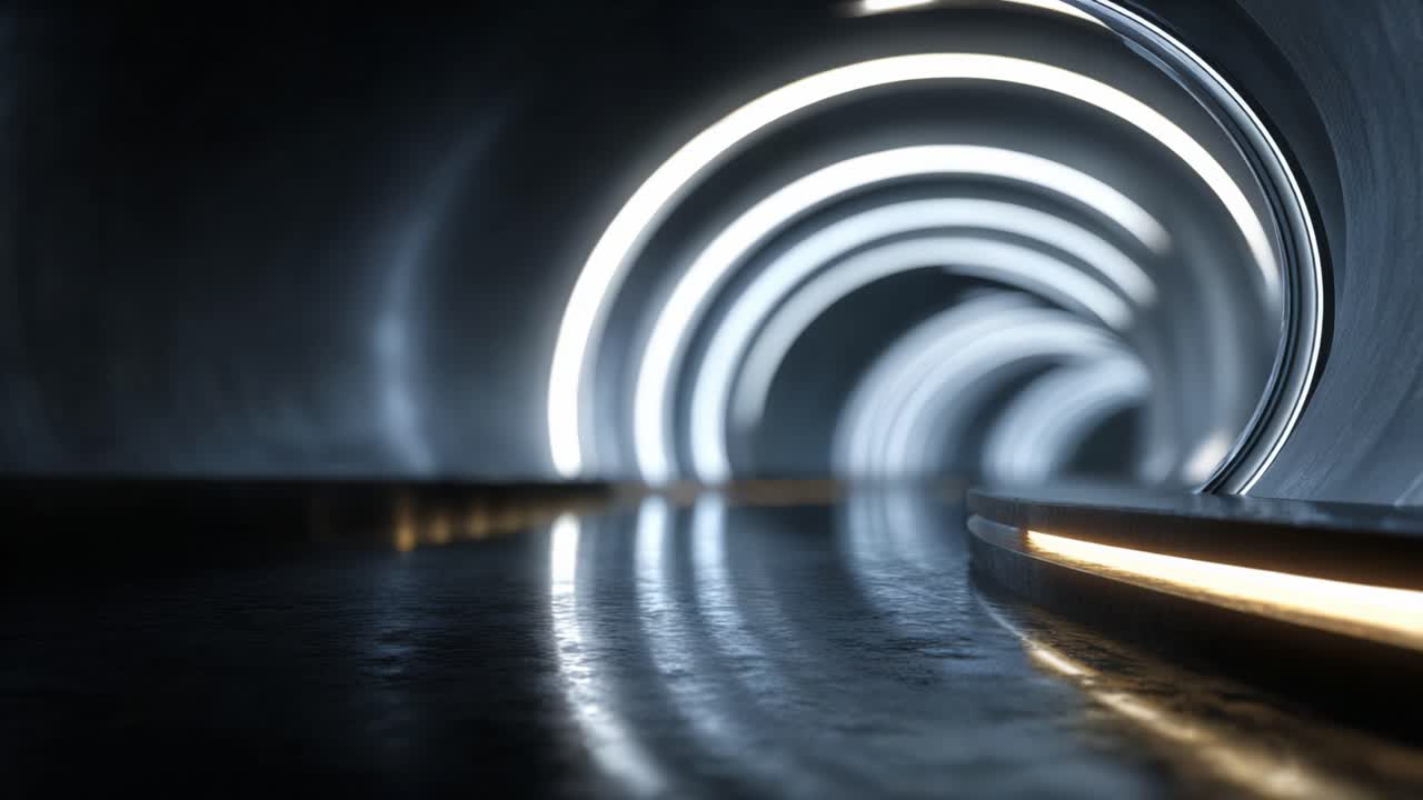 An Imposing Futuristic Tunnel with Illuminated Curves Reflecting Light on the Sleek Floor in a Dark Setting, Creating a Mysterious and High-Tech Atmosphere