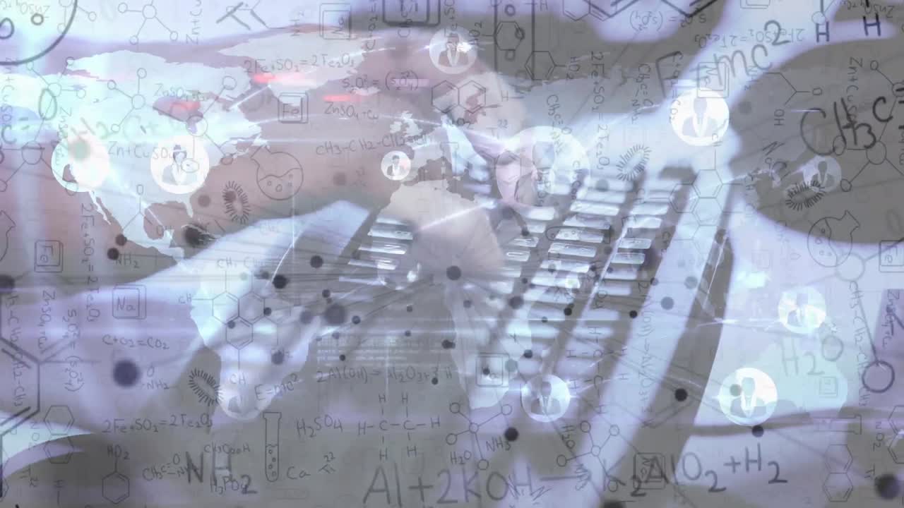 연결 네트워크와 수학 방정식의 애니메이션 손으로 키보드에 타이핑