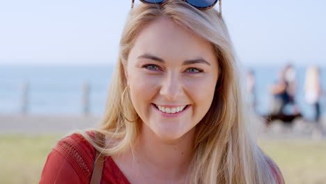 happy woman, face and beach promenade travel