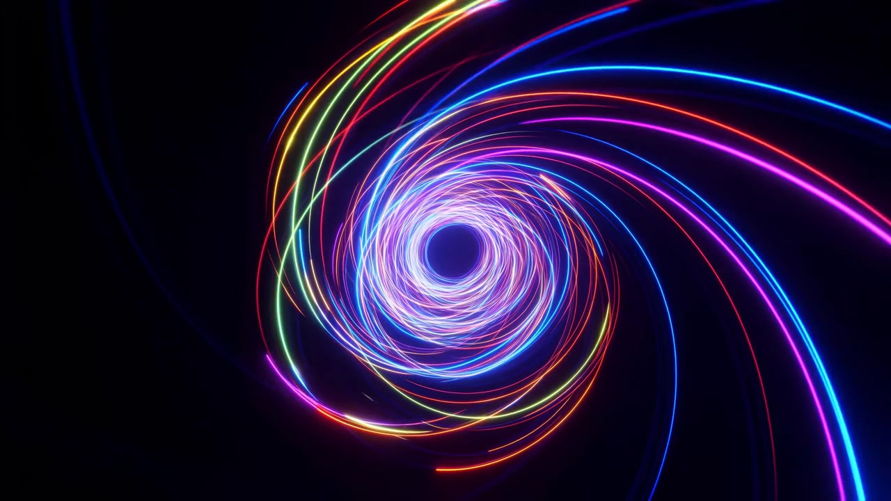 Bright neon light trails form a swirling spiral vortex against a black background, with vivid blue, purple, pink, orange, and green curves creating a dynamic abstract motion effect
