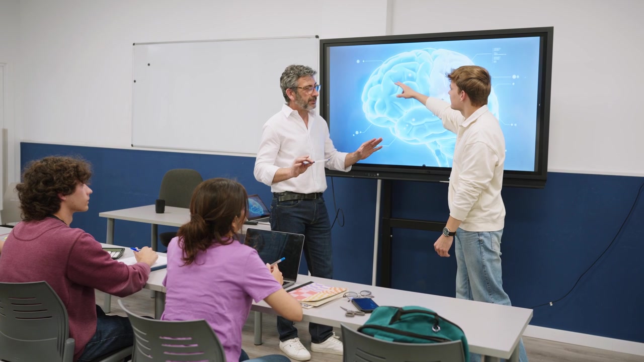 Professor and students discussing human brain anatomy on an interactive screen