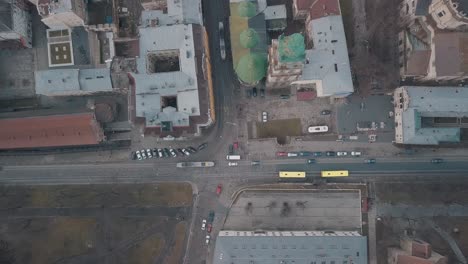 Aerial-Overhead-Car-traffic.-Rush-hour.-Old-City-Lviv,-Ukraine