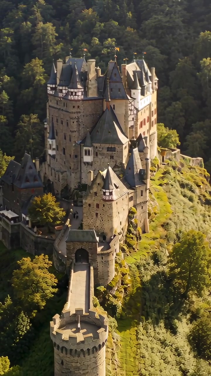 Video verticale: Drone che plana avvicinandosi a un castello medievale in cima a una collina per un dettaglio della portineria e del ponte.