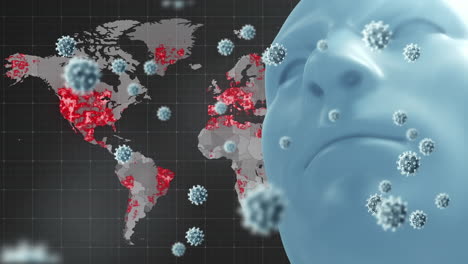 animation of virus cells and head over world map