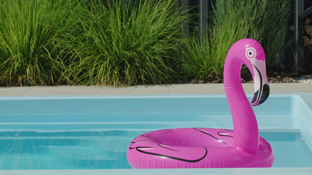 Pink Flamingo Pool Float in a Backyard Pool