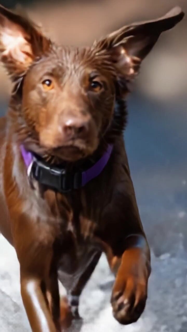 Dinamico Labrador Retriever color cioccolato che recupera in acqua: un'espressione giocosa di gioia ed energia mentre il cane si lancia con entusiasmo tra le onde che schizzano.