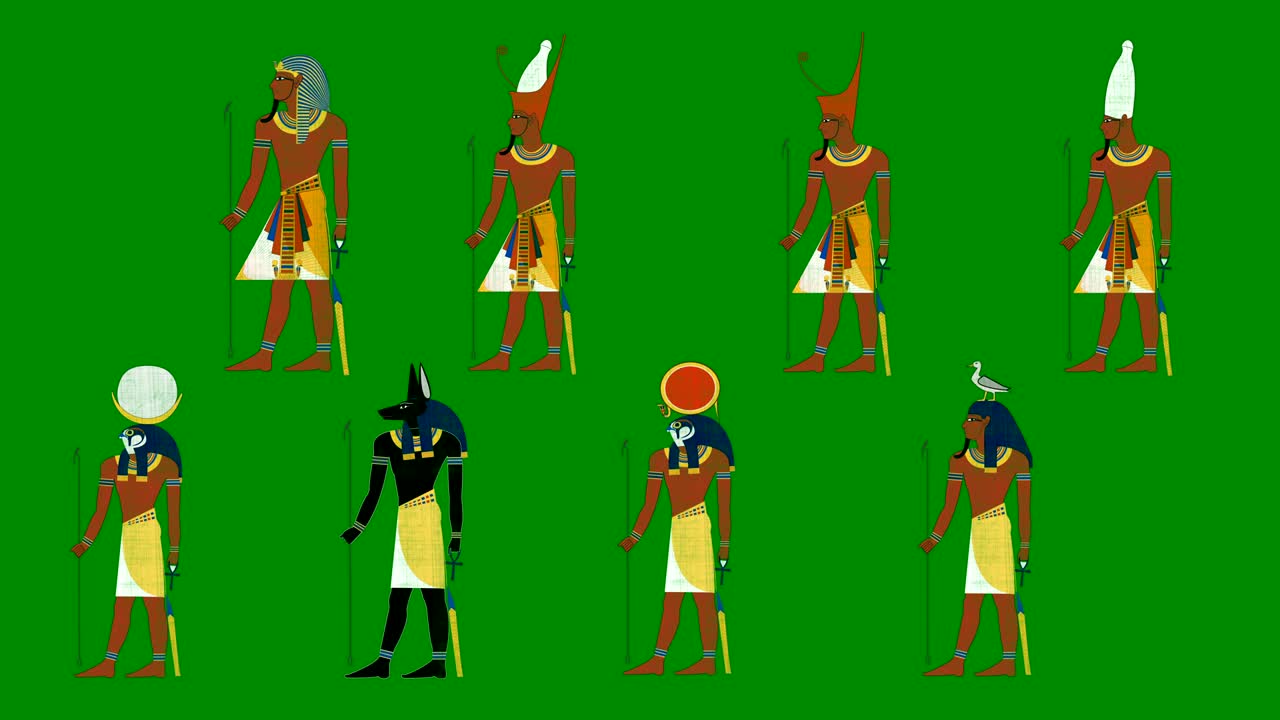 초록색 스크린 배경 에 있는 이집트 의 파라오 들 과 신 들