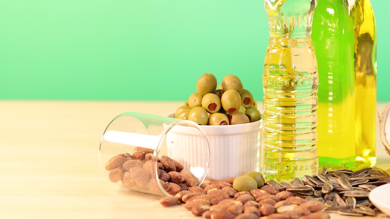 A variety of oils and nuts arranged on a wooden table against a green background, showcasing healthy food options