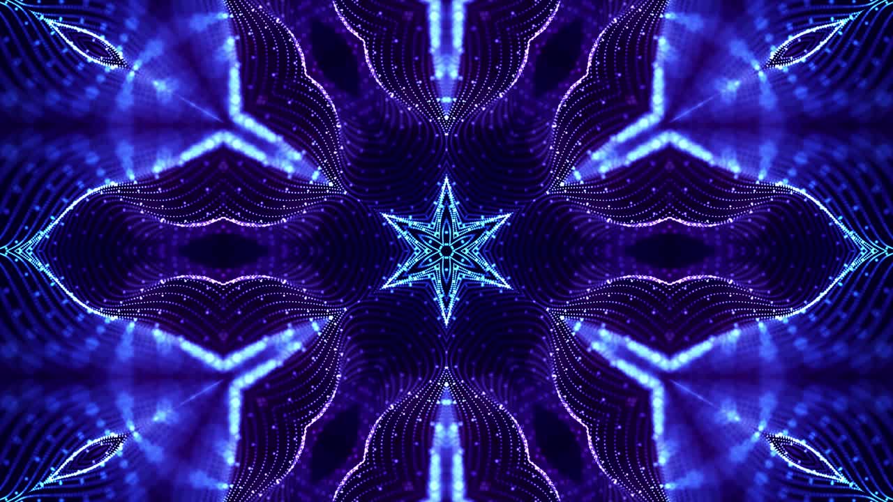 4k looped sci-fi 3d fondo con partículas azules brillantes forman líneas, superficies, estructuras simétricas complejas como estrellas en el caleidoscopio. tema abstracto de microworld o nanotecnología 27