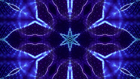 4k looped sci-fi 3d fondo con partículas azules brillantes forman líneas, superficies, estructuras simétricas complejas como estrellas en el caleidoscopio. tema abstracto de microworld o nanotecnología 27