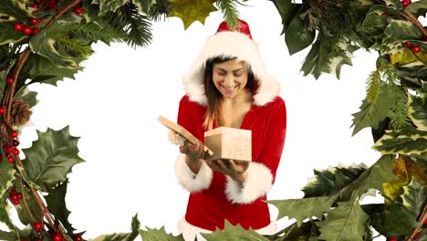 Santa-woman-opening-gift-with-holly