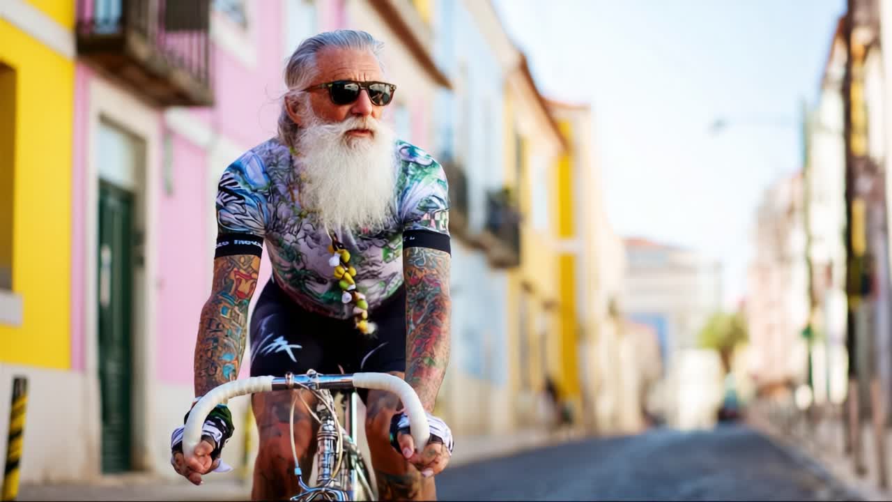 A stylish elderly cyclist with long grey hair, a full beard, and sunglasses rides confidently down a vibrant city street adorned with colorful buildings, showcasing strength and fashion