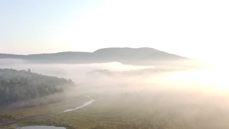 Lake-in-ethereal-early-morning-light-with-low-hanging,-misty-clouds-in-remote-mountain-forest