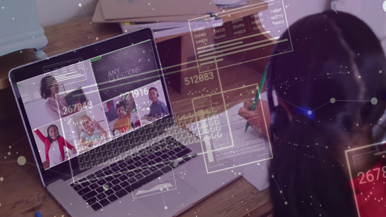 Virtual meeting and data processing animation over person writing at desk