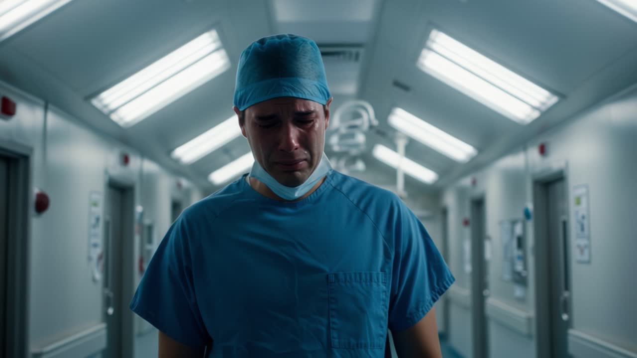 A surgeon in scrubs stands alone in a dimly lit hospital corridor, visibly upset. The sterile environment highlights the weight of responsibility in healthcare. The tension in the air is palpable as the medical professional grapples with the emotional toll of recent patient outcomes. With tears in h