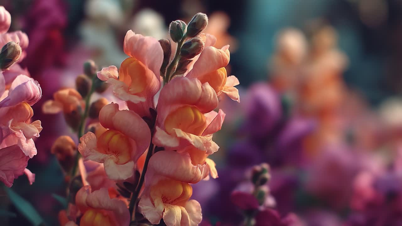 Primo piano mozzafiato di vivaci bocche di leone che esibiscono i loro fiori colorati e petali delicati in un ambiente naturale sereno.