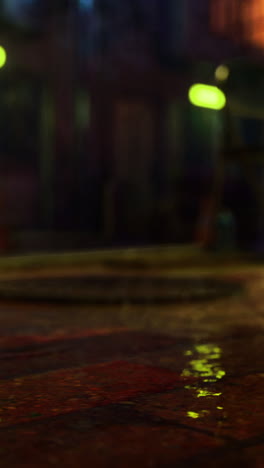 rain soaked city streets glow with lights in a lively urban scene