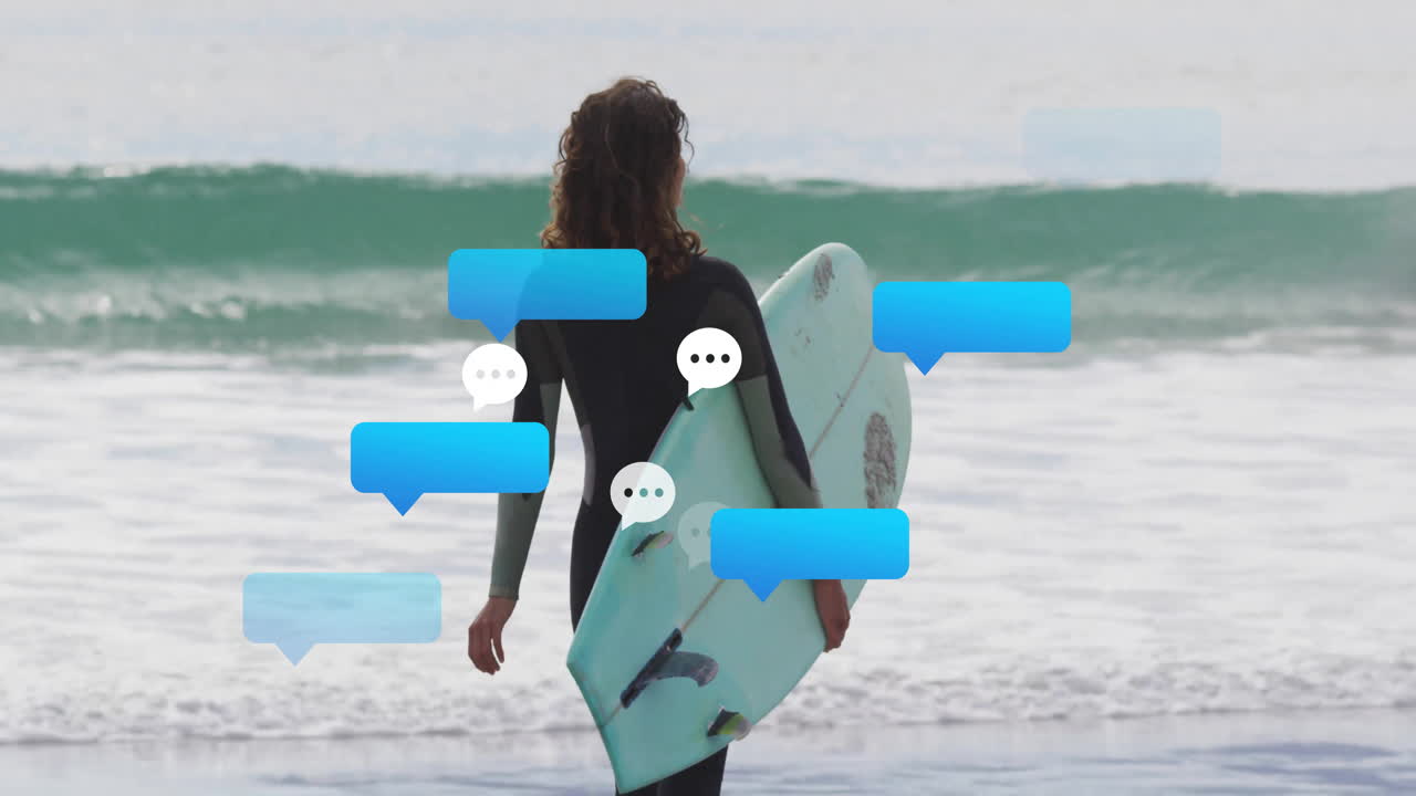woman holding surfboard standing at ocean edge, showcasing marketing chat icons floating above