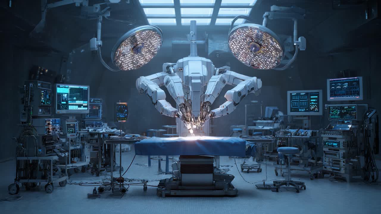Advanced Surgical Robot Performing Precision Surgery in a High-Tech Operating Room with State-of-the-Art Medical Equipment and Illuminated Surgical Environment