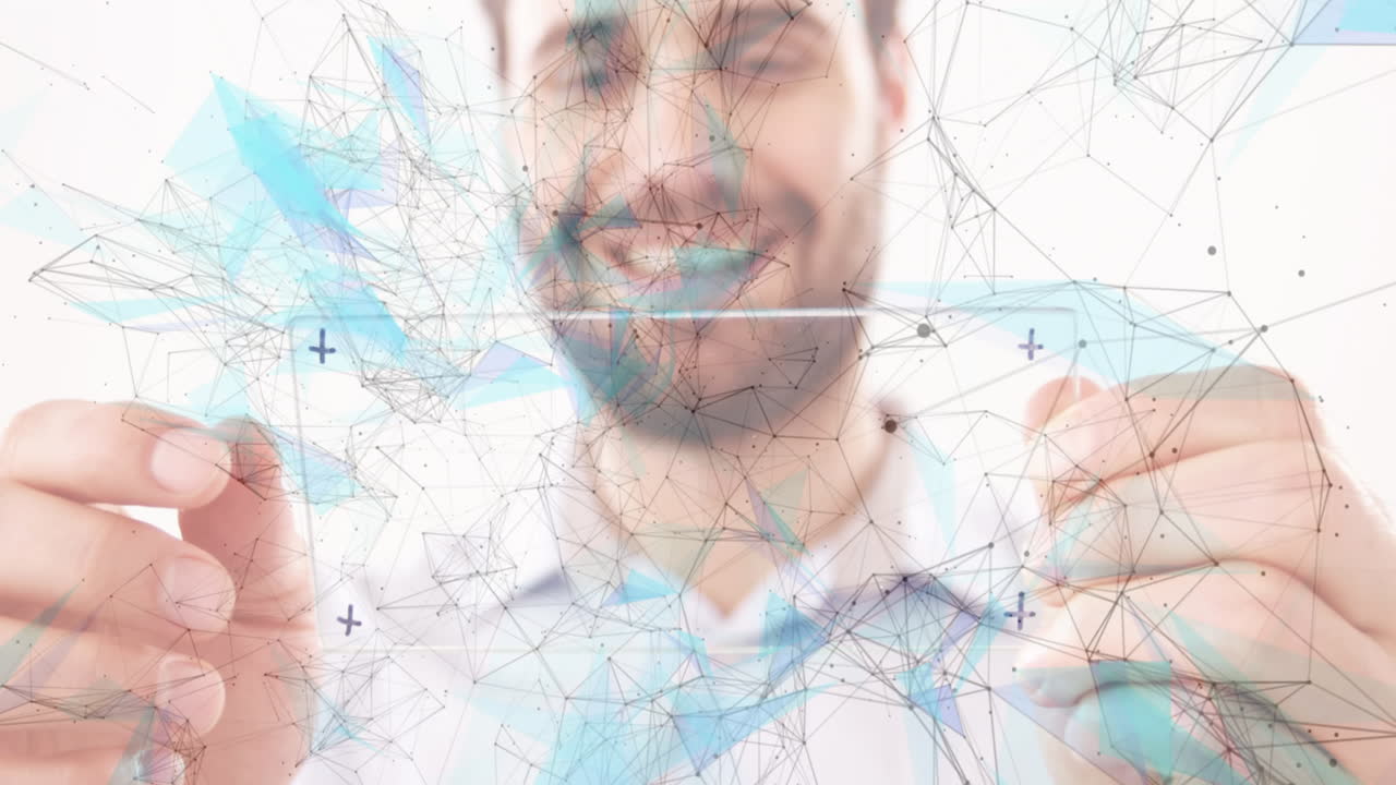 animación de redes de conexiones sobre un hombre de negocios con una pantalla interactiva en el fondo