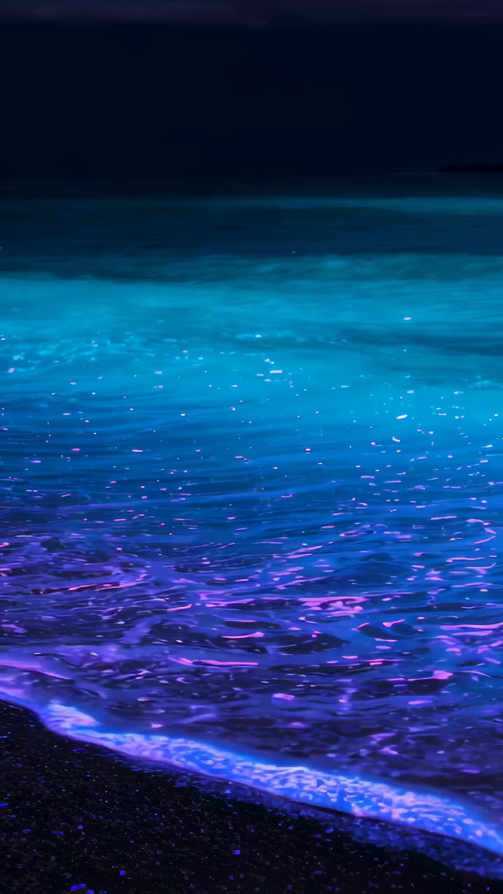 Vertical video: Glowing surf breaking on black sand at night, pushed by swell, leaving purple trail