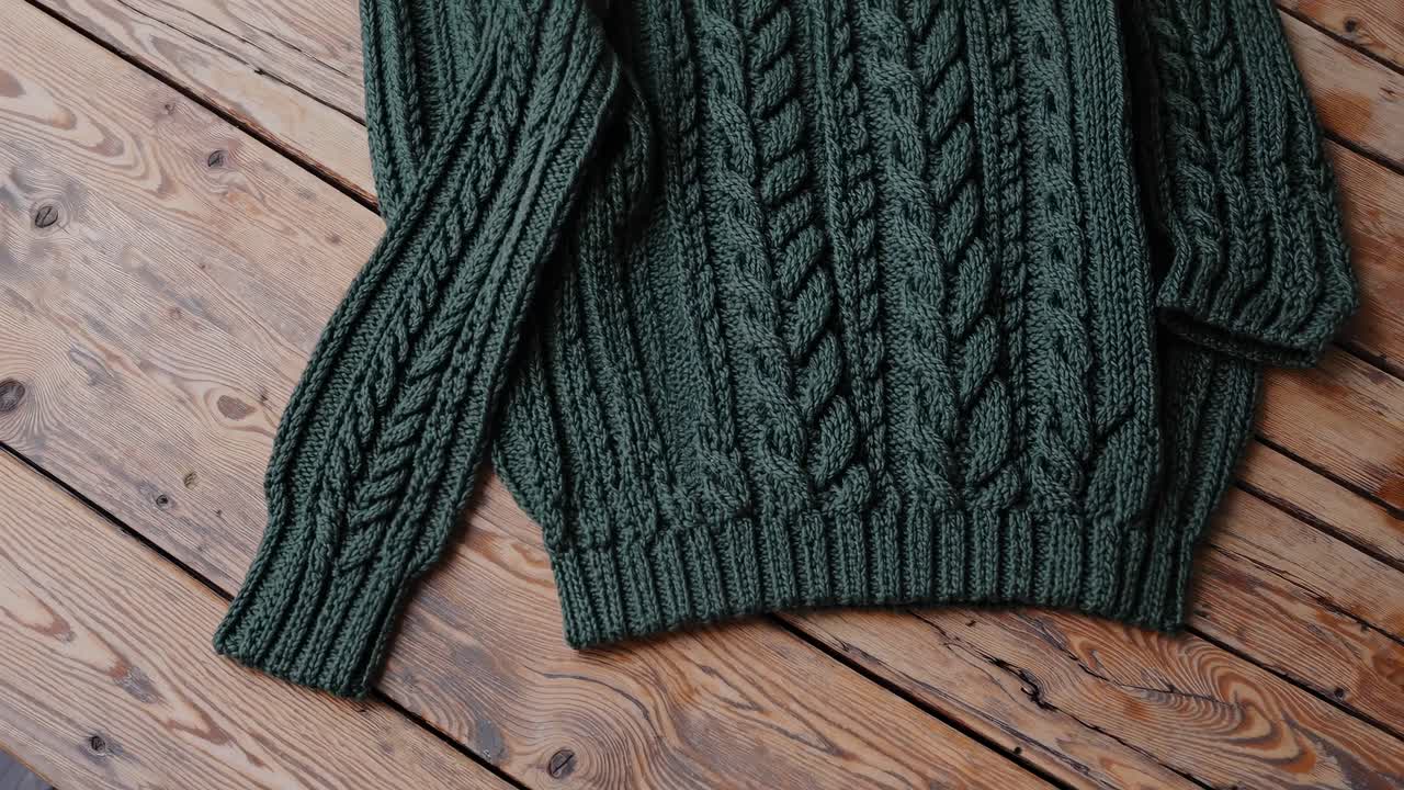 Top-down angle of a green cable-knit sweater on wooden floorboards, showcasing texture and pattern
