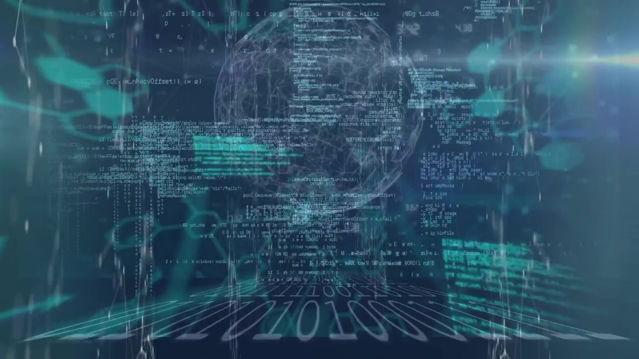 Animation of light trails and data processing over black background