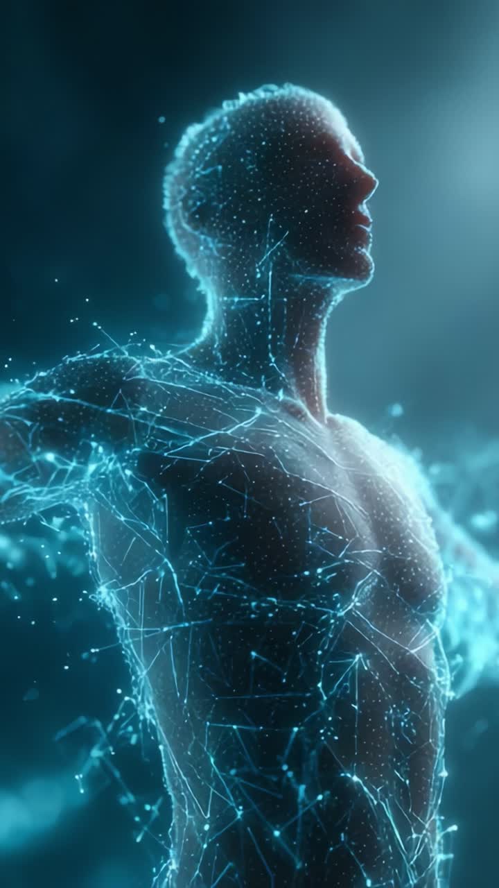 A Stunning Projection of a Digital Human Figure Enveloped in a Network of Light and Data, Symbolizing the Intersection of Technology and Humanity in a Captivating Visual Experience