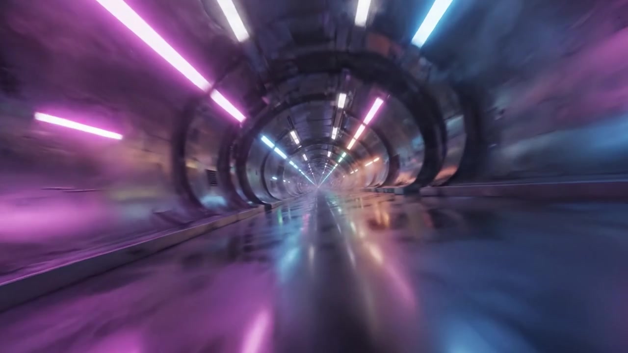 Viaggio affascinante attraverso un tunnel futuristico con luci al neon: un'esperienza immersiva di riflessi e colore in un ambiente surreale