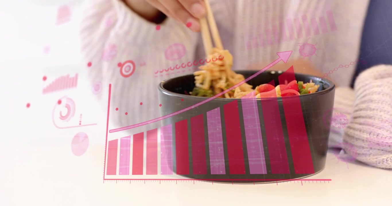 Woman lifting noodles and stirring displaying magenta food analytics chart showing rising trend