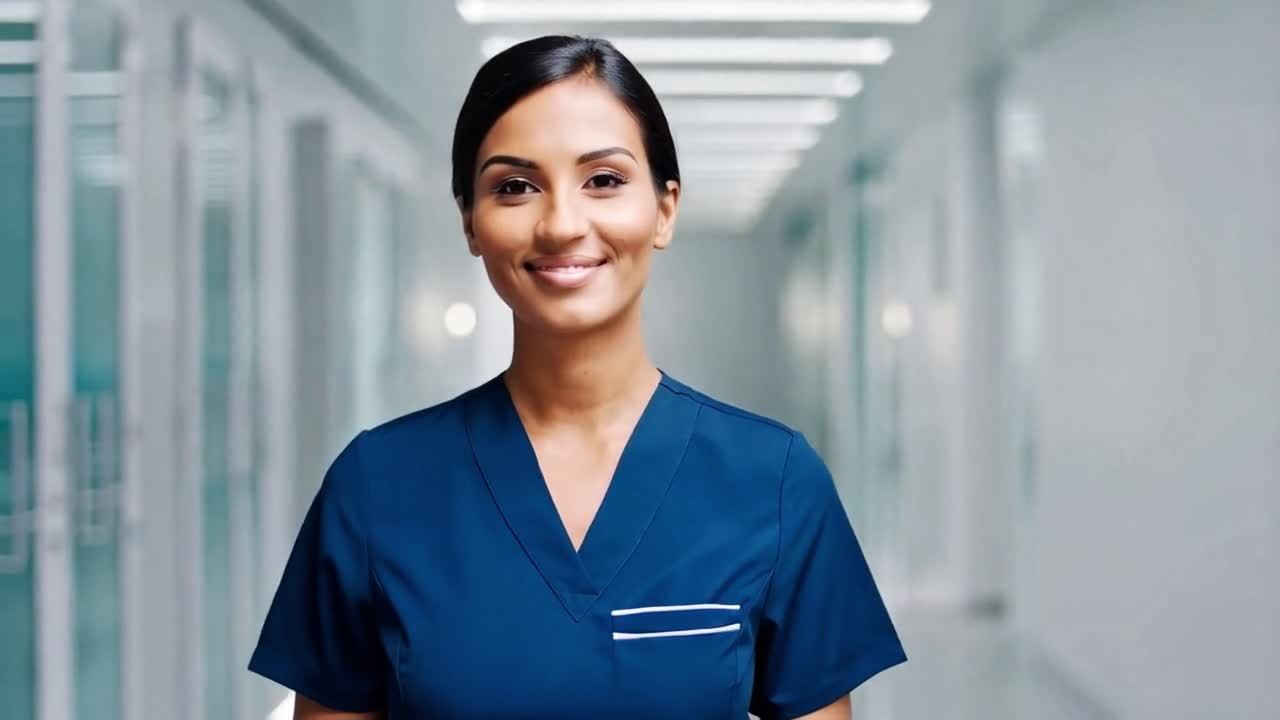Smiling Female Medical Professional in Hospital Corridor