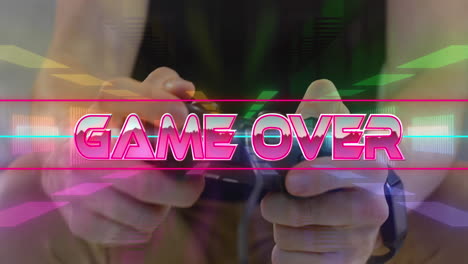 game over video game screen over neons and man holding and playing with joystick