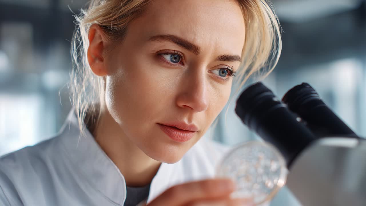 Focused researcher examining microscopic samples with precision and dedication. The scientist's analytical gaze reveals the importance of observation in uncovering the complexities of biological materials