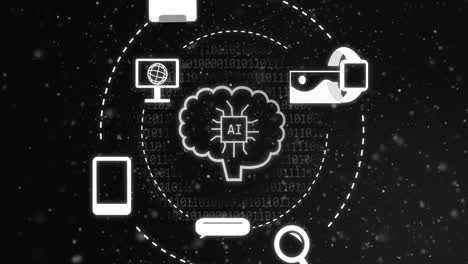 animación de procesamiento de datos ai e íconos sobre codificación binaria en fondo oscuro