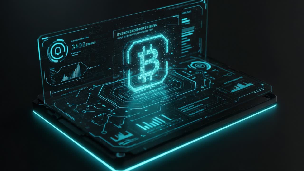 Futuristic Digital Interface Displaying Cryptocurrency Data with Bitcoin Insights and Analytical Charts in a High-Tech Environment