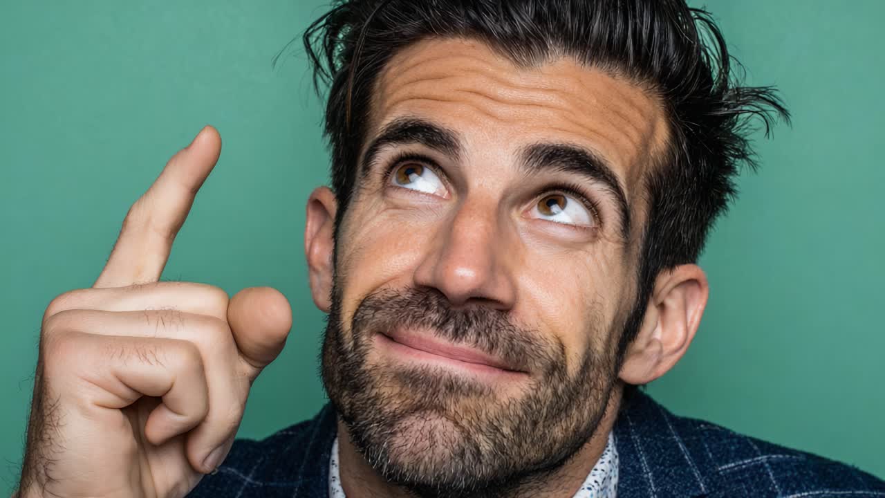 Um homem com gestos expressivos, olhando para cima com uma expressão pensativa, transmitindo ideias e inspirações enquanto exibe um fundo verde vívido.